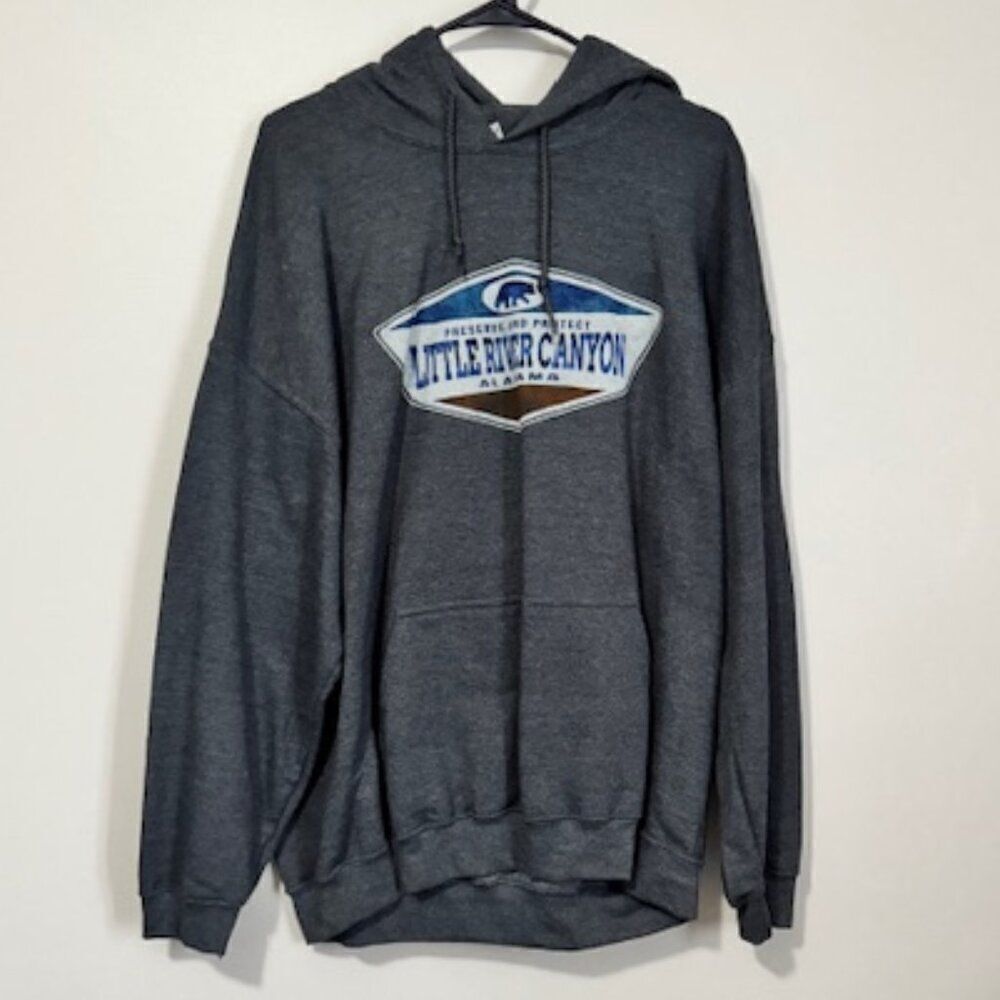 USED Men's Gildan Long Sleeve Hoodie Little River Canyon Color Dark Grey Size XL